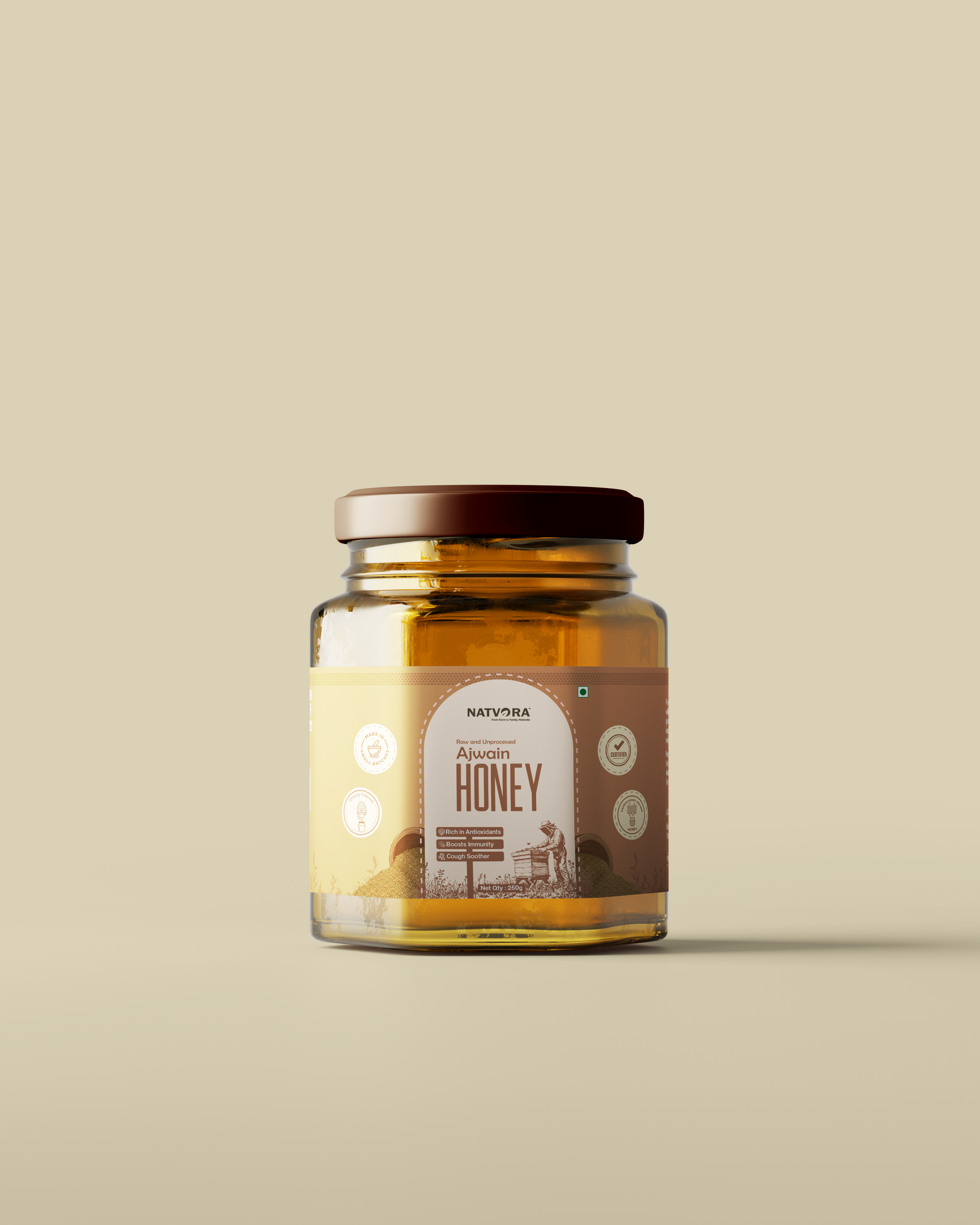 Jar of honey with a label on a beige background