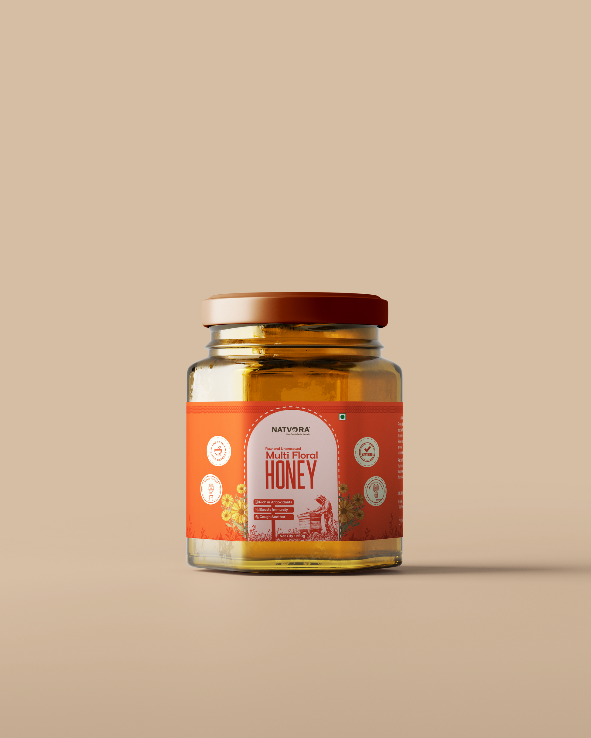 Jar of honey with a red label on a beige background